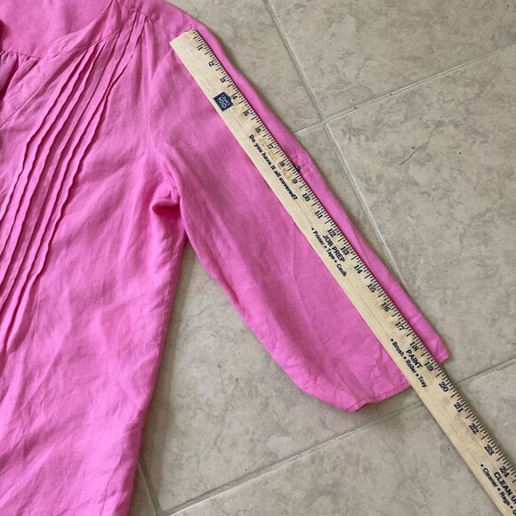 Chaus Sport Top Linen women’s M Pink Roll Tab Sleeves Button up Pin Tuck Blouse - Picture 9 of 10